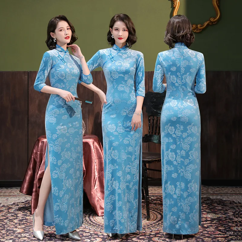 Lake Blue Velvet Long Cheongsam Floral Long Sleeve Vintage Improved Women Dress Chinese Style Qipao S To 5XL