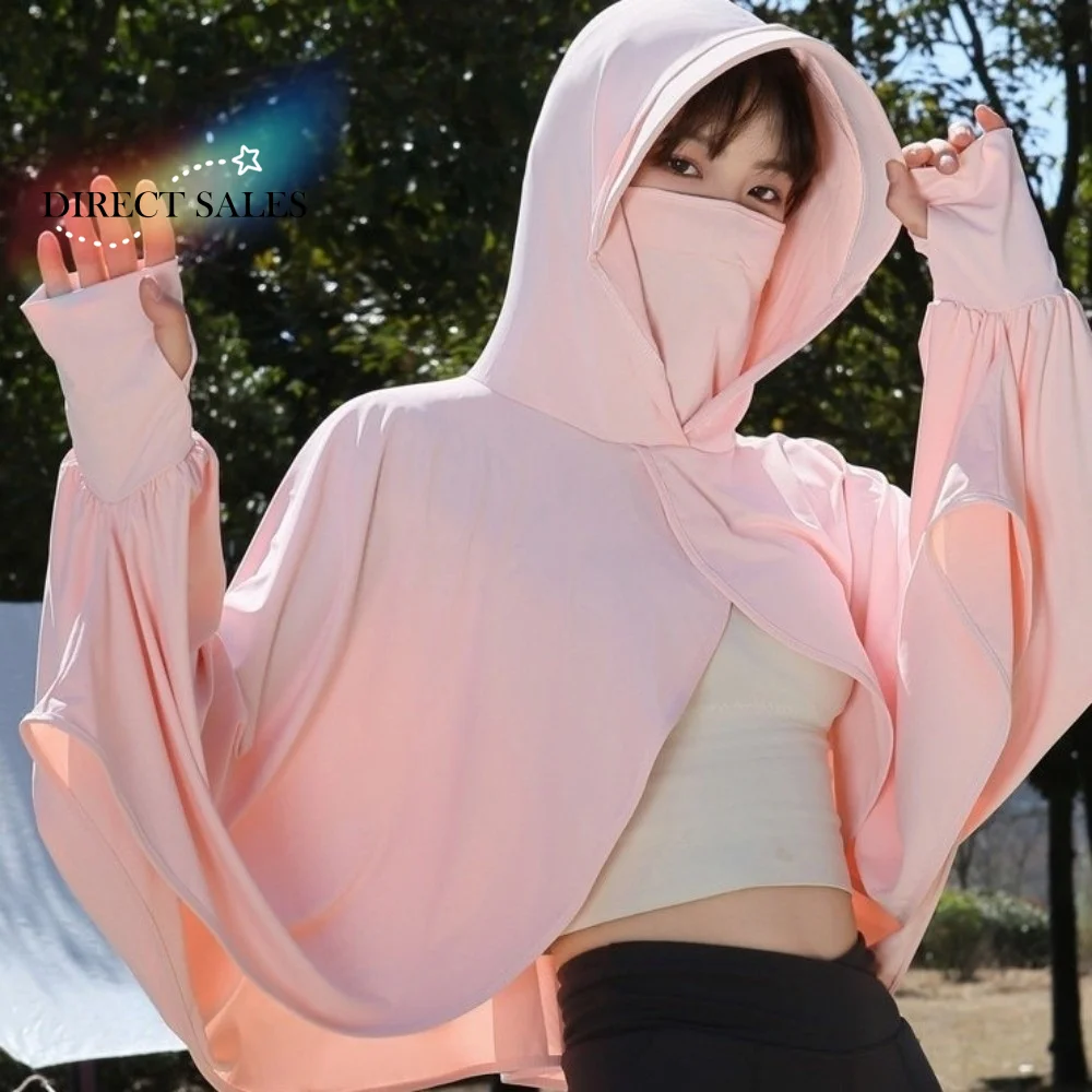 

Solid Color 3 in 1 Sunscreen Hoodie Thin UV Protection Facemask Hat Sunscreen Shawl Waterproof Long Sleeve Summer Ice Silk Cape