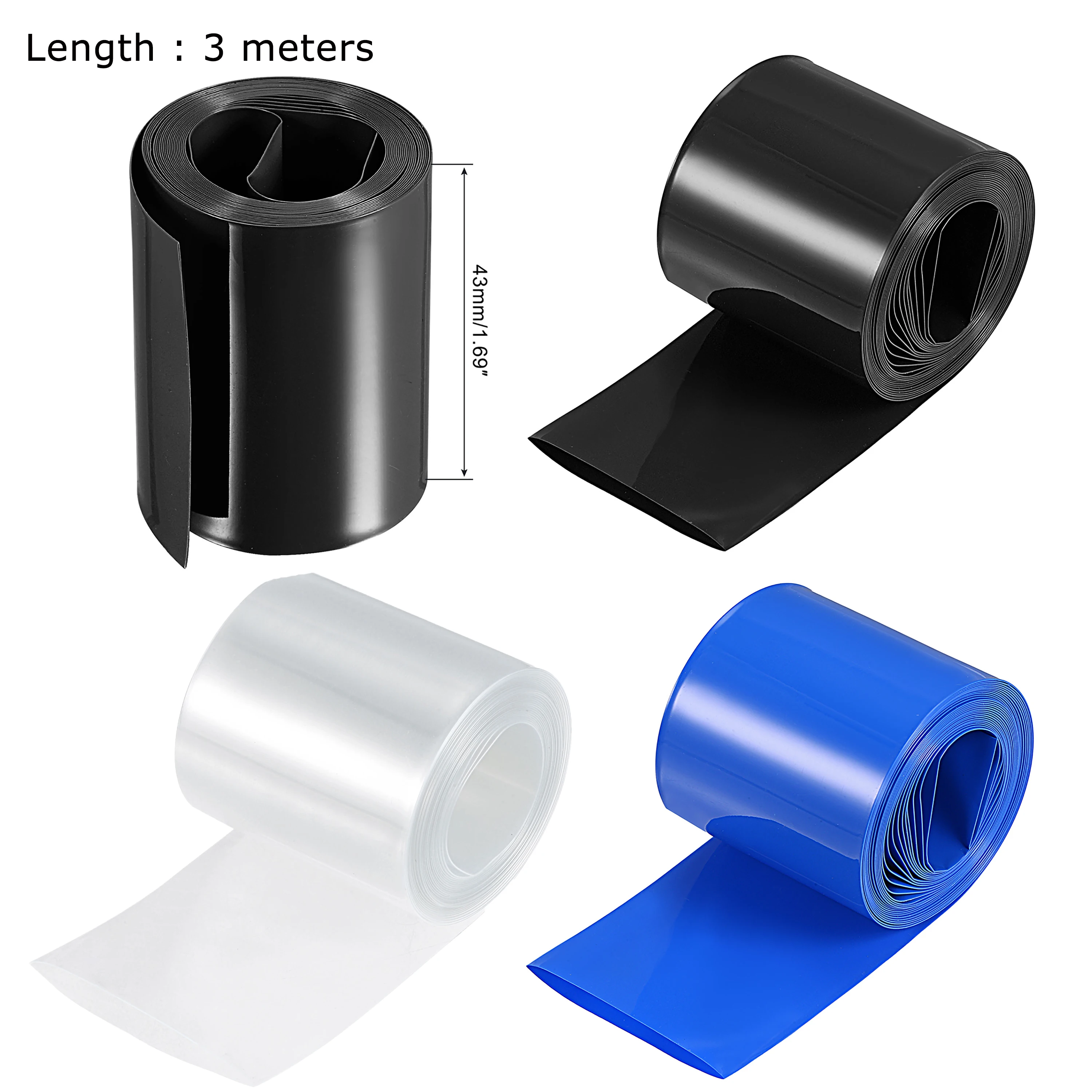 

3Meters 43mm Width PVC Heat Shrink Tube Clear/Blue/Black Shrink Wrapping Heat Shrinkable Tube 18650 Battery Insulation Sleeve