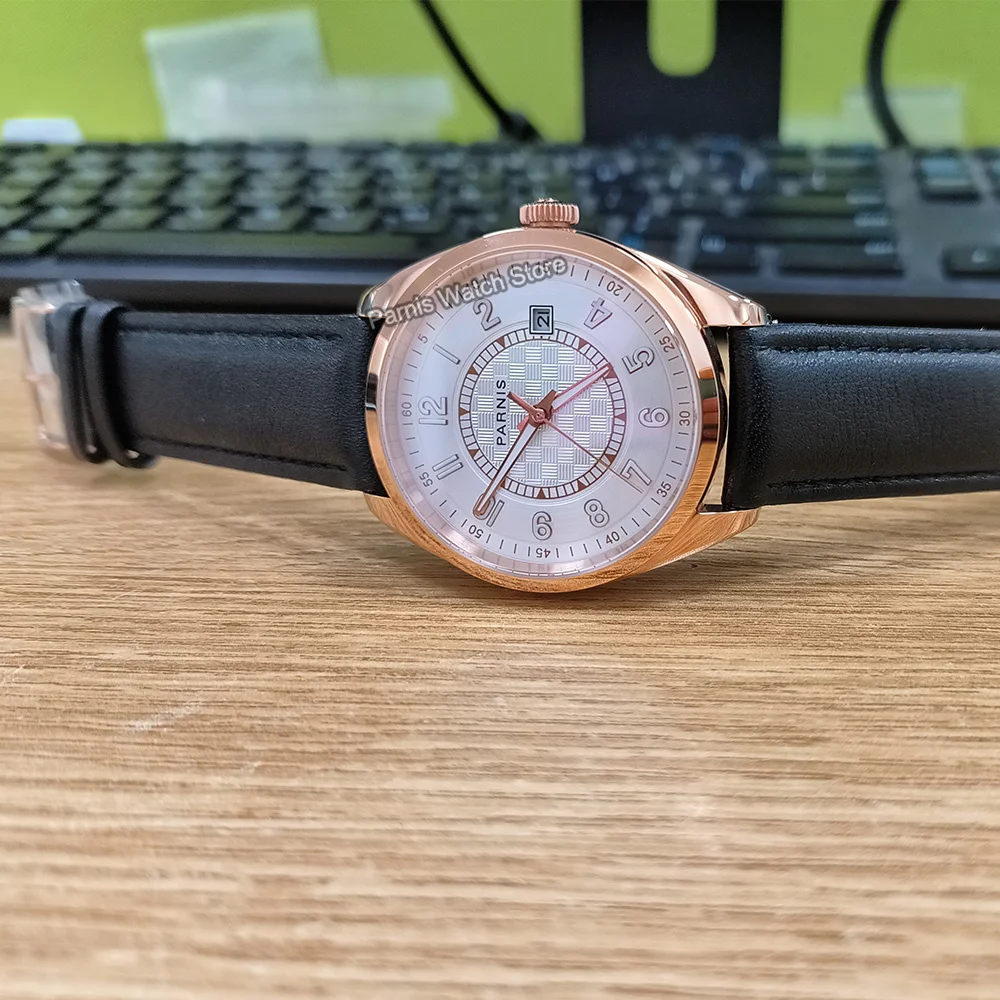 ساعة بارنيس 40 ملم هيكل ذهبي وردي مينا بيضاء Miyota8215 ميكانيكية أوتوماتيكية للرجال ساعة يد كريستال الياقوت