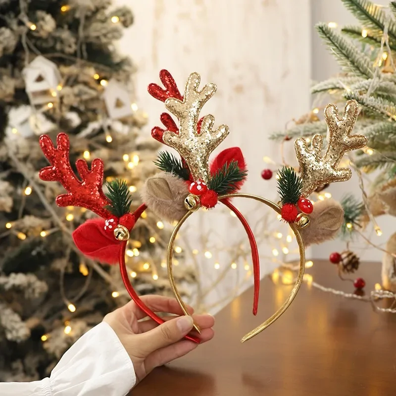 Diadema navideña con forma de campana y cuerno de alce rojo dorado, regalos de Feliz Navidad para niños, decoración de fiesta de Feliz Año Nuevo, tocados con lentejuelas