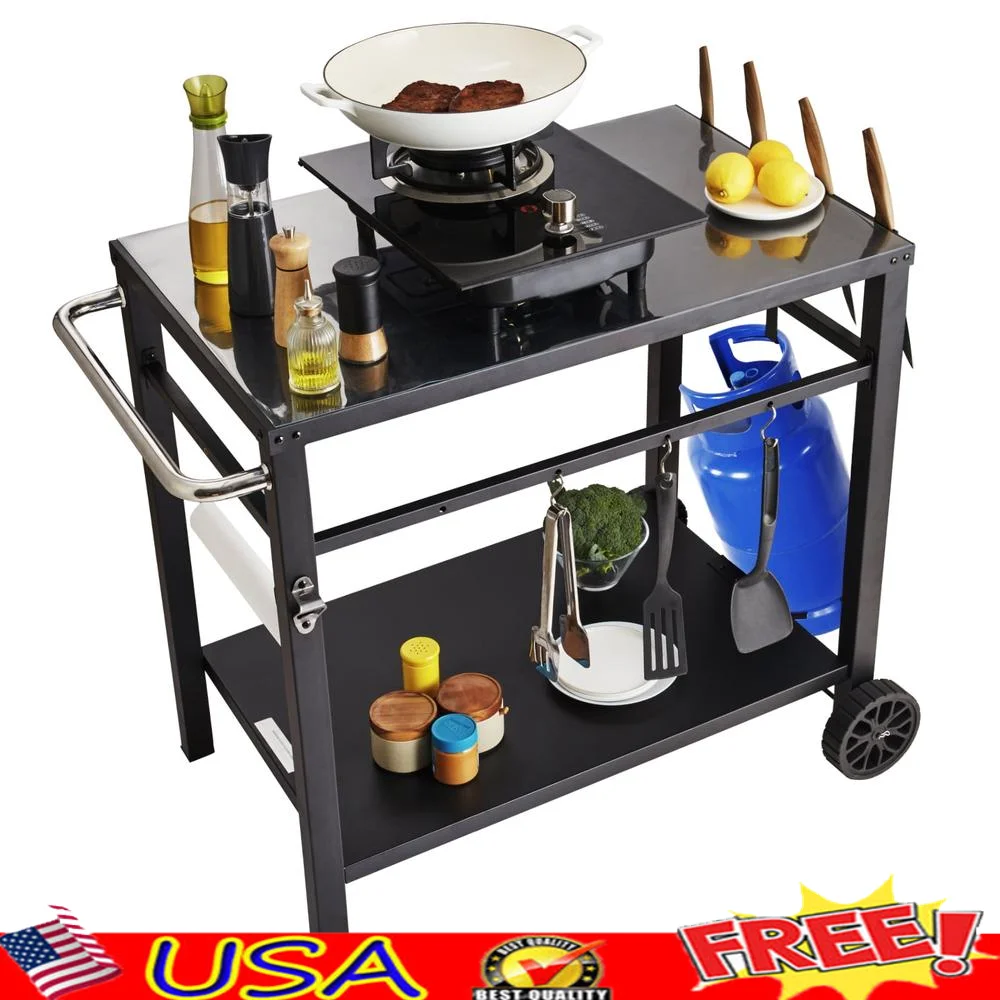 

Outdoor Grill Cart Portable Double-Tier Kitchen Cart BBQ Pizza Oven Stand Food Prep Station with PVC Mat Accessories