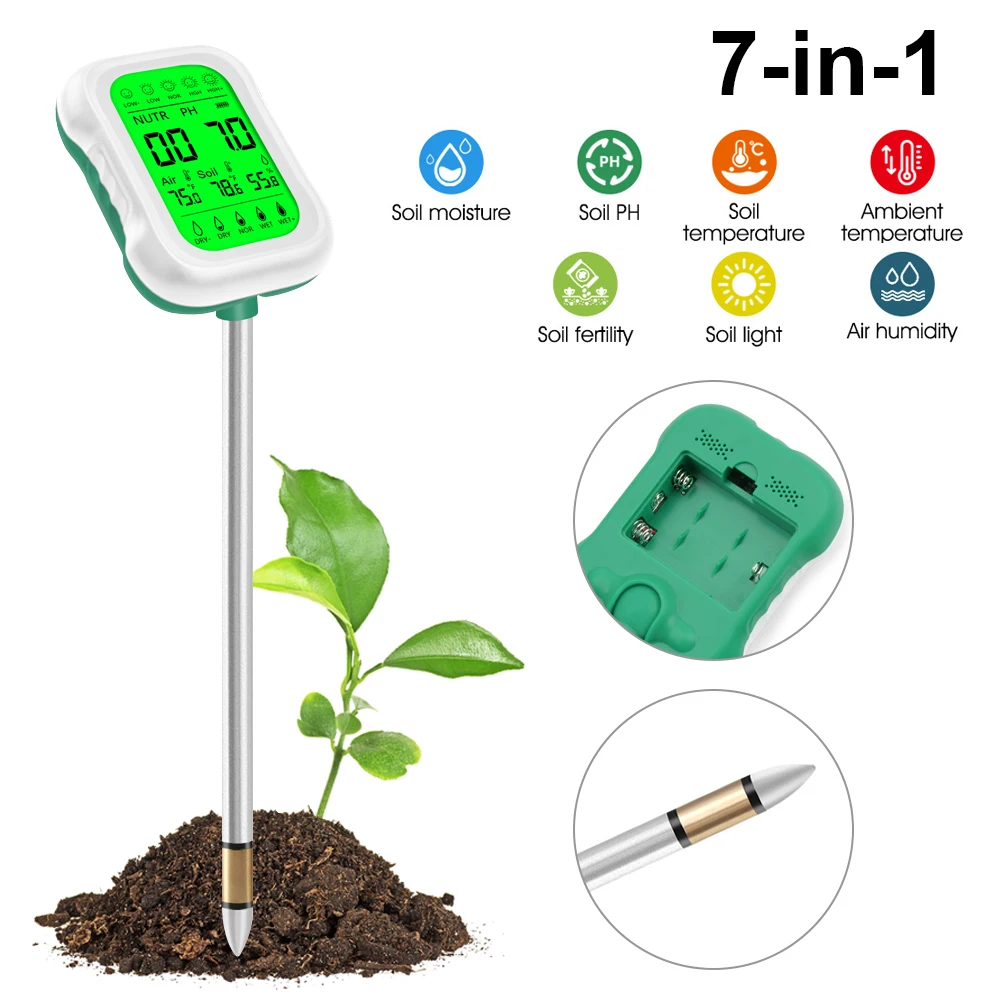 

Portable 7-in-1 Soil Tester Digital PH Meter Moisture Temperature Detector Multifunctional Gardening Tool Soil Fertility Tester