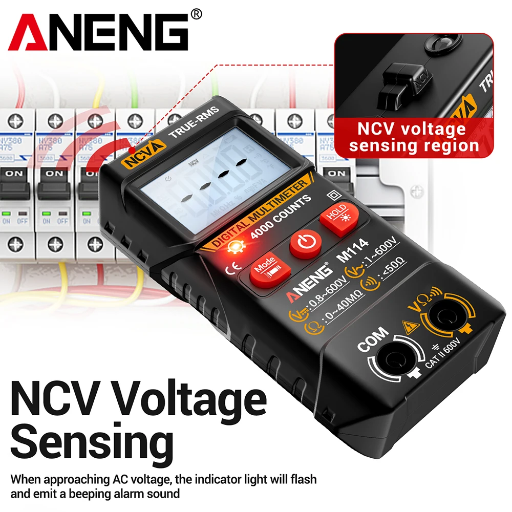 Mini Digital Multimeter Voltmeter Tester ANENG M114 High Precision 4000 Count NCV Voltage Sensing Automatic Resistance Detection