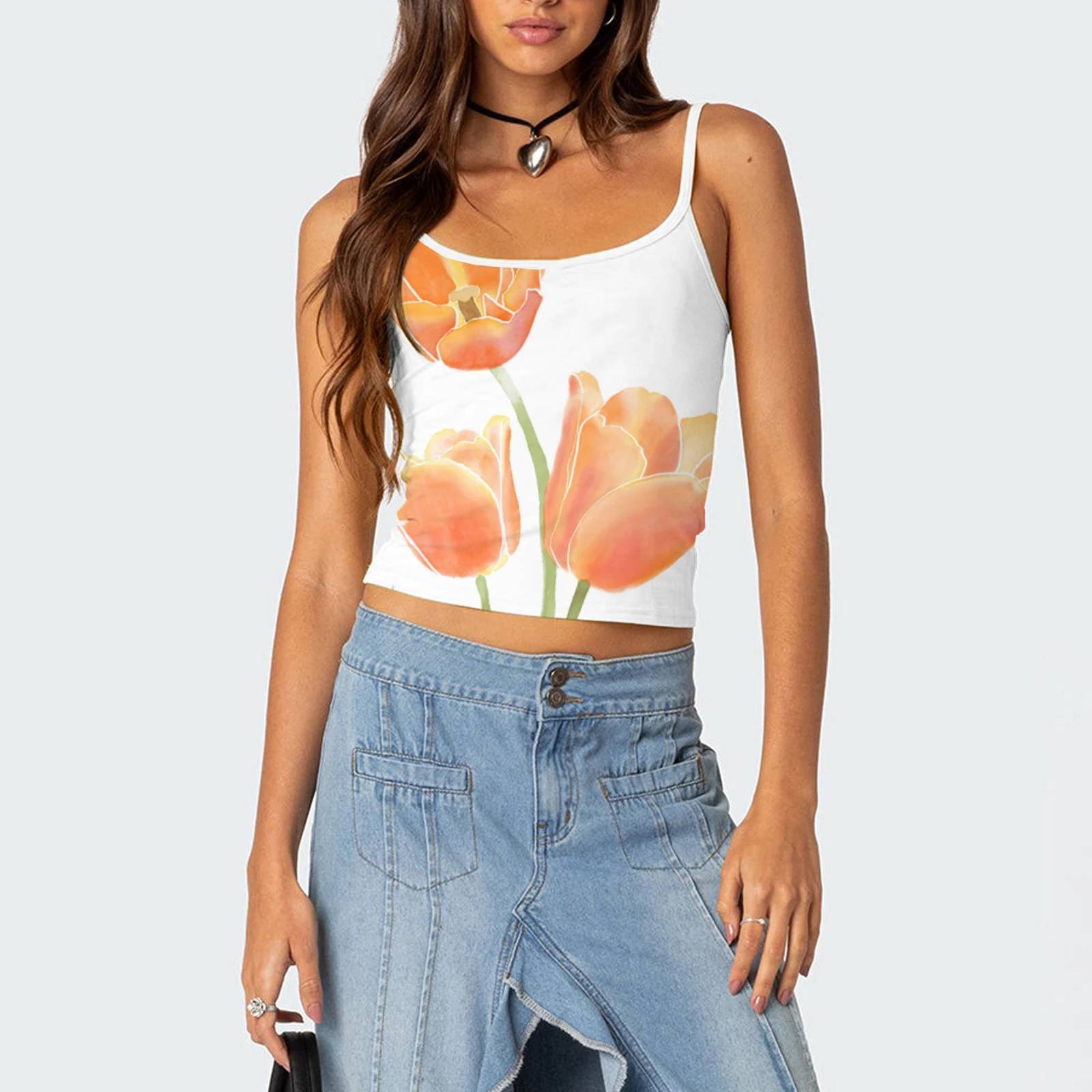 Women Crop Top Camisoles Floral Print Spaghetti Strap Sleeveless Backless Tank Tops Summer Camis Vests Tops Streetwear Y2k