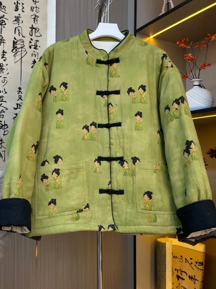 Thickened Cotton Jacket Women's Winter Coat Stand Collar Printed Warm Filled Traditional Chinese Style Long Sleeve Loose Fit