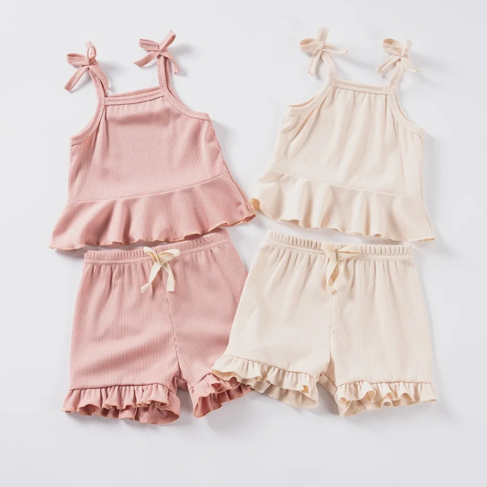 

Summer 2024 New Baby Girl Solid Color 2pcs Bow Halter Ruffle Top + Shorts Fashion Comfortable Breathable Cute