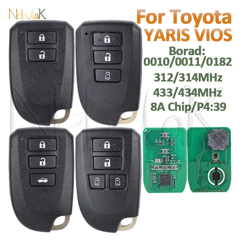 Car Remote Smart Key Fob For Toyota YARIS VIOS Hiace Regiusage Board 312/314MHz 433/434MHz 8A 39 Chip 0010 0011 0182 Keyless Go