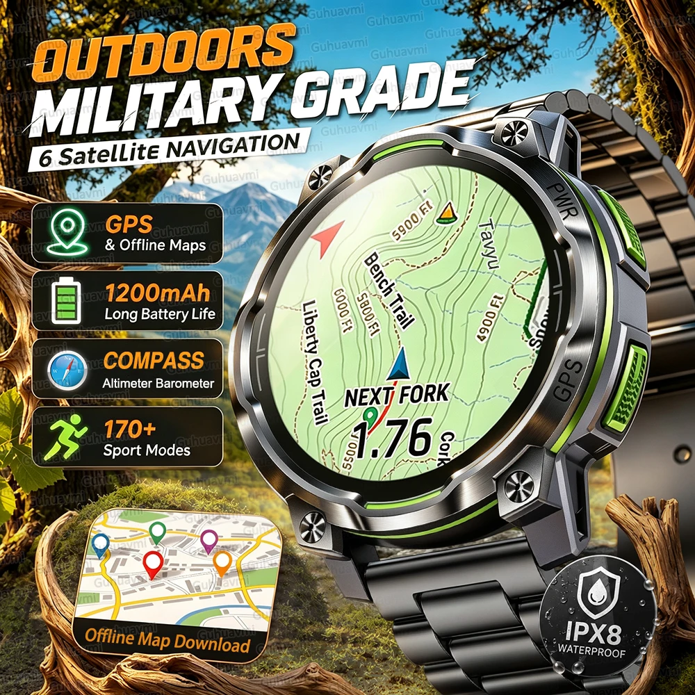 2026 New Outdoor GPS With Offline Map Smart Watch Men 1200mAh Big Battery Swim Waterproof Compass CahtGPT 170+ Sports Smartwatch