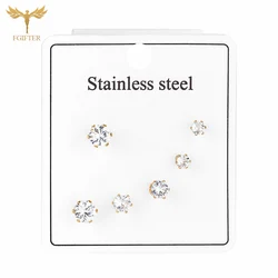 3 Pairs Stainless Steel Crystal Earrings Set For Women Geometric CZ Zircon Ear Stud Golden Silver Color Lobe Piercing Jewelry