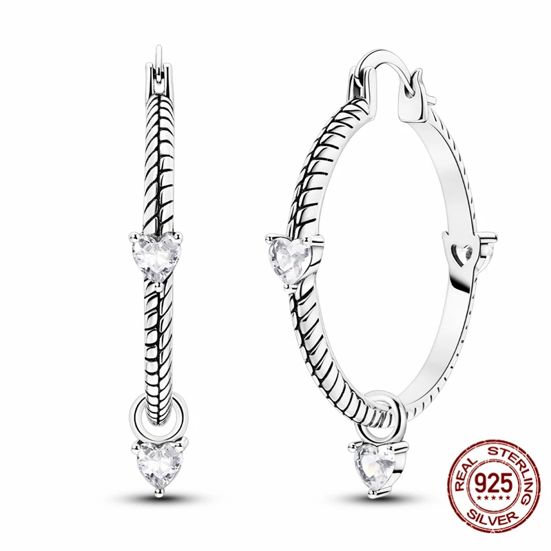 

925 Sterling Silver Hoop Three Heart-shaped Snakeskin Pattern Earrings for Women Pretty Wedding Holiday Jewelry Gifts