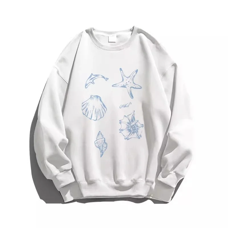 Women Korean Lazy Style Crewneck Sweatshirt Thin Sea Element Print Long Sleeve Pullover Tops For Spring Autumn