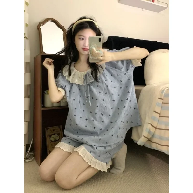 2/pce Set Women Spring Summer Casual Pajama Girl Short Sleees Pants Shorts Loungewear Lady Fashion Lace Heart Print Cloud Pajama view 2