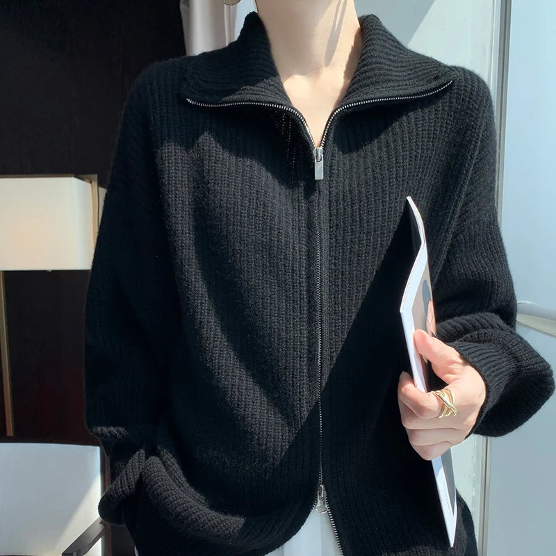 Autumn and Winter New Women's Cardigan Polo 100% Beautiful Nuo Wool Sweater Loose and Comfortable Knitted Full Sleeve Coat Top