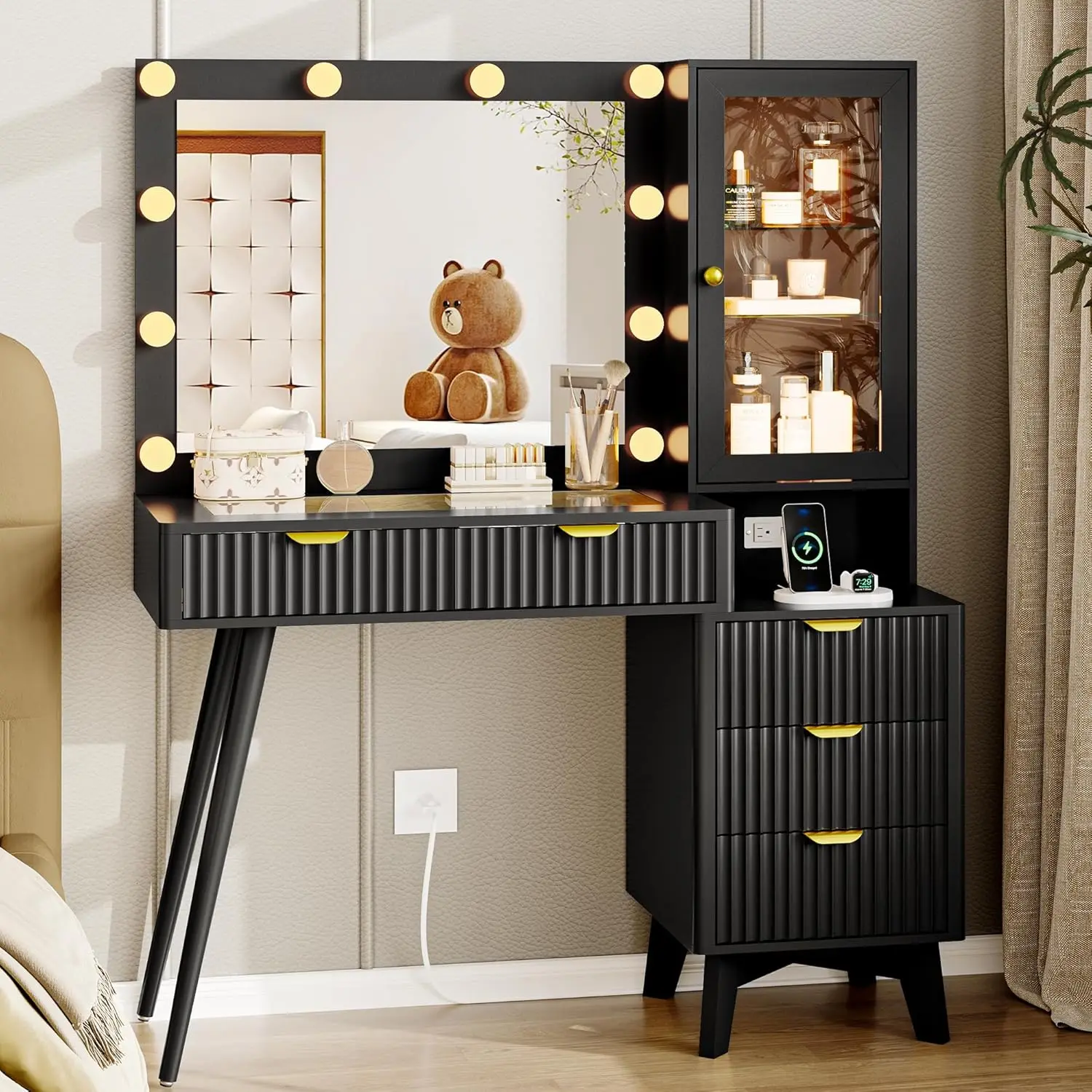 

Vanity Desk with Mirror and Lights, 45" Fluted Makeup Vanity Desk with Lights &5 Drawers, Dressing Table with Power Outlet