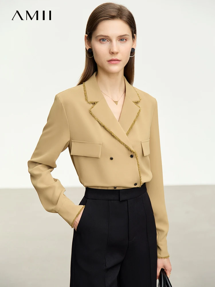 AMII Minimalism Blazer Shirts for Women 2023 Autumn New Tassel Double-breasted Notched Simple Commuter Loose Blouses 12343057