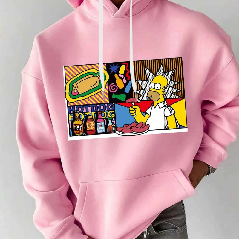 بلوزات بقلنسوة للرجال من The Simpsons للخريف والشتاء، كارتون هوت دوج، همبرغر، وهوديس عصري جديد للرجال