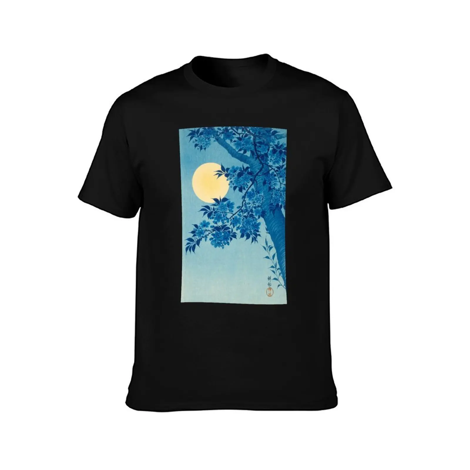 Blossoming Cherry on a Moonlit Night Japanese Woodblock Print T-Shirt, Summer Casual Cotton Tee, Oversized Streetwear Tops