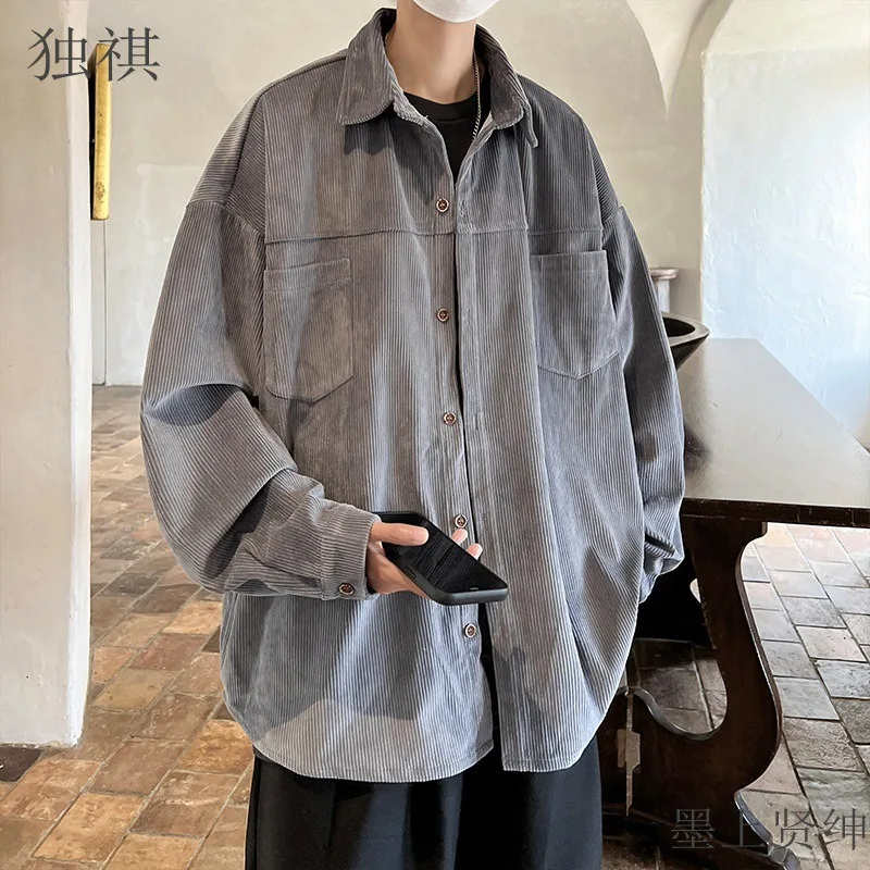 

Модные универсальные однотонные рубашки с лацканами и пуговицами, пальто, мужская одежда, новые весенние свободные повседневные топы с длинными рукавами, корейская рубашка