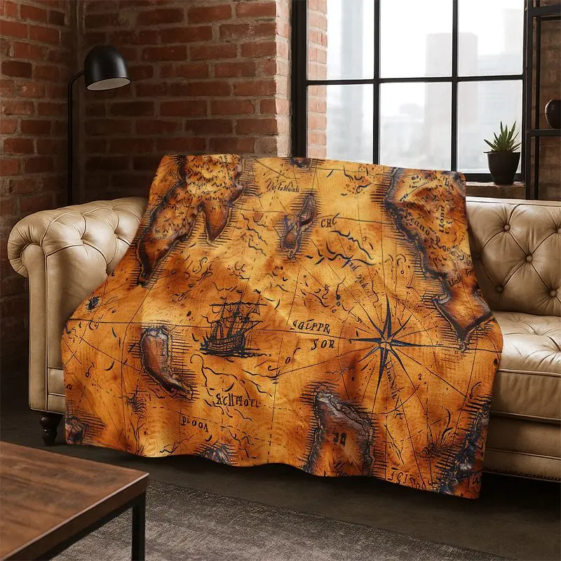 Ancient Nautical Chart Map Compass Cartoon Flannel Blanket Soft Warm Throw Blanket for Bedroom Living Room Bed Travel Picnic