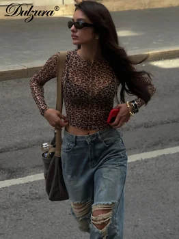 Dulzura Sexy Long Sleeves Tops Mesh T Shirt Leopard Printed Bodycon Women Clothes Lady…