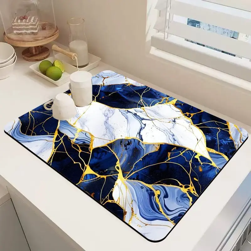 VIKAMA Blue Gold Marble Vein Coffee Mat Waterproof Oilproof Non Slip Pad Kitchen Coffee Machine Drying Mat