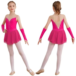 Kids Girls Figure Skating Dress Ballet Gymnastics Lyrical Dance Performance Costume Shiny Rhinestone Leotard Tutu with Gloves