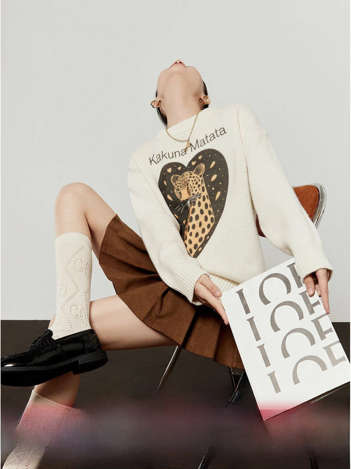 

White Woolen Sweater Women's Soft Plu Autumn Commute Star Leopard Print Casual Loose Fit Long Sve round Ne Top