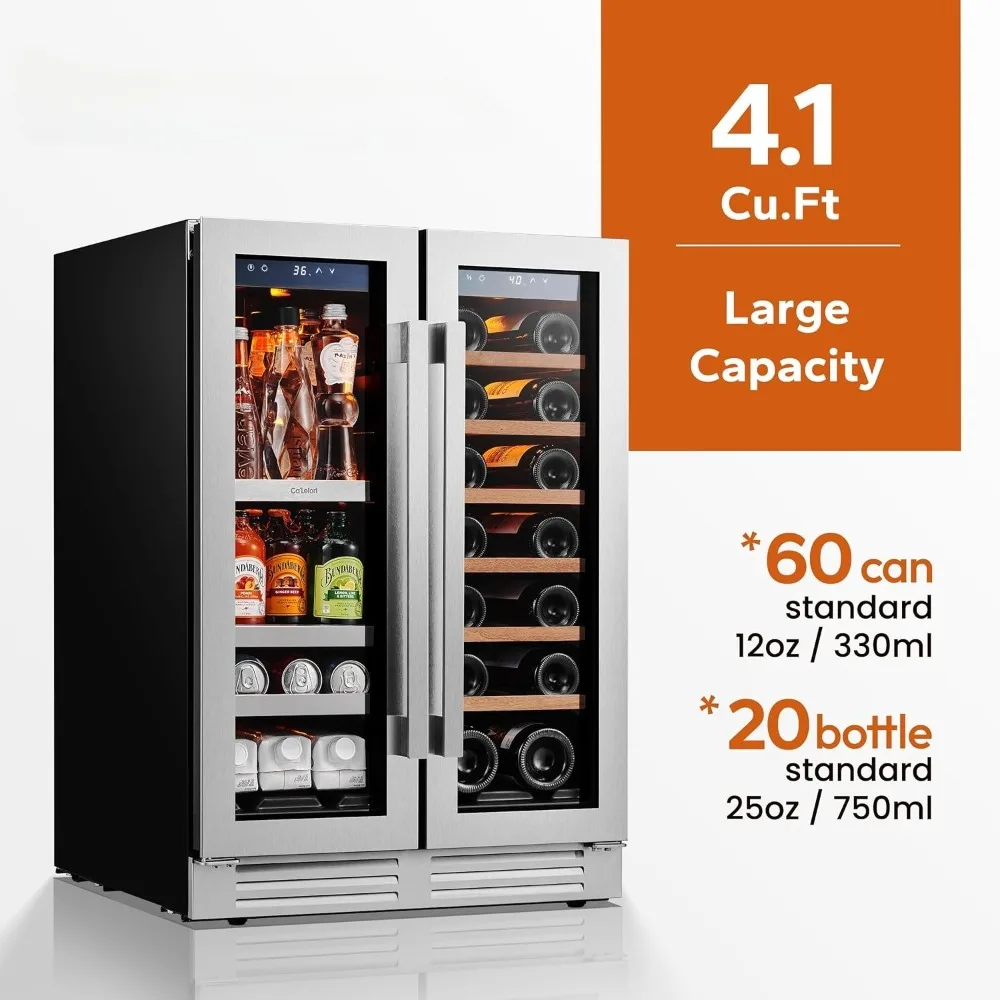 

24 Inch Dual Zone Wine & Beverage Refrigerator – 60-Can & 20-Bottle Capacity, 36-72°F Cooling, 3 LED Lights & Glass Door