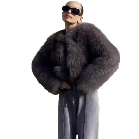 Faux Fox Fur Coats Women Short Fur Jackets Solid Round Neck Long Sleeves Open Stitch Thick Loose Fit Casual 2025 Autumn Winter