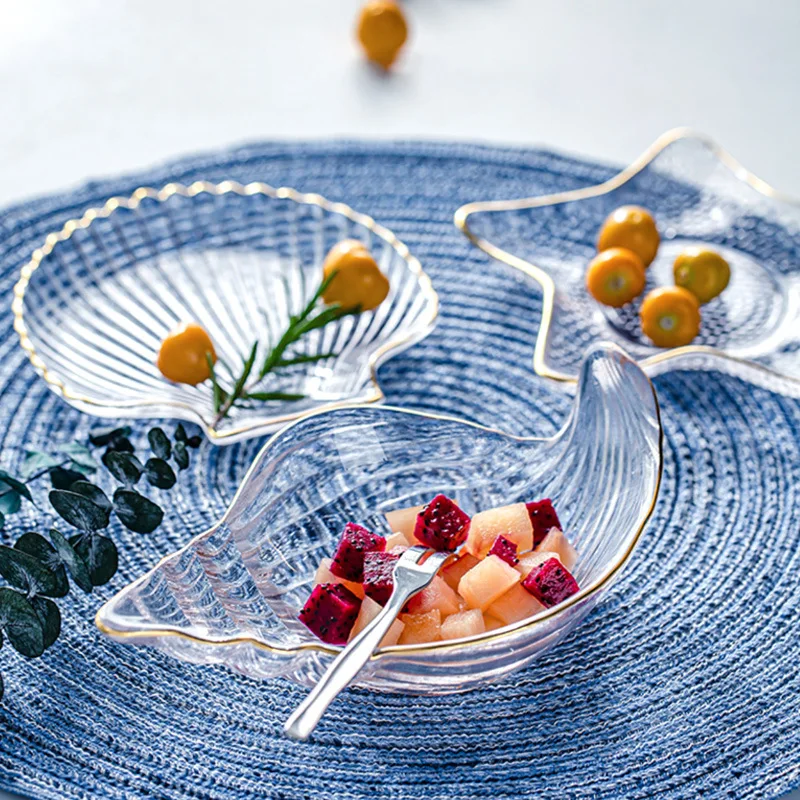 

Creative Ocean Series Glass Bowl Set with Gold Rim, Transparent Plates for Fruits, Snacks, Desserts, and Cakes