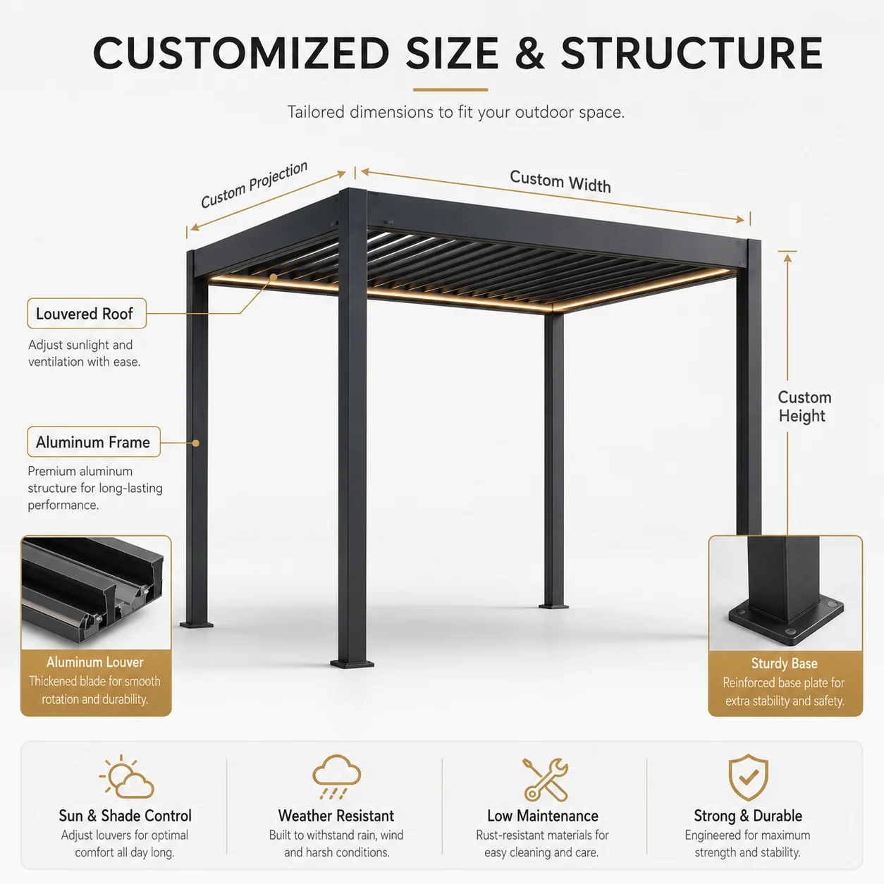 Aluminum Pergola Custom Size Eco Climate Pergola Electric Louvre System 6063-T5 Gazebo Canopy Shade Shelter Outdoor Sunshade