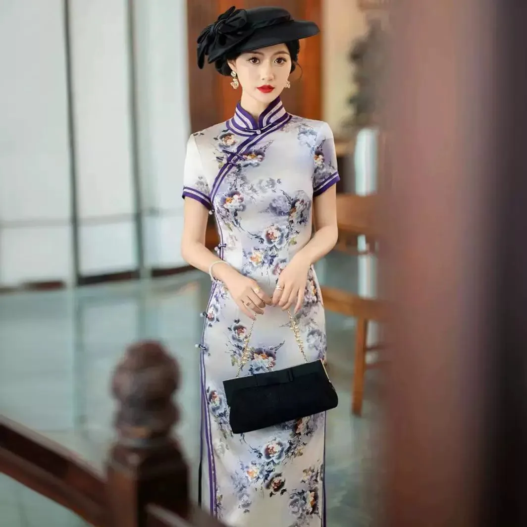 

Женская повседневная одежда Ele Long Silk Qipao Dr, улучшенная шелковая одежда в стиле ретро, высококачественная модель из натурального шелка, новинка 2025 года