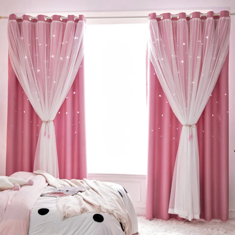 Star Curtains for Girls Bedroom High Blackout Curtains Double Layer Sheer Overlay for Kids Room Decor Princess Star Pink