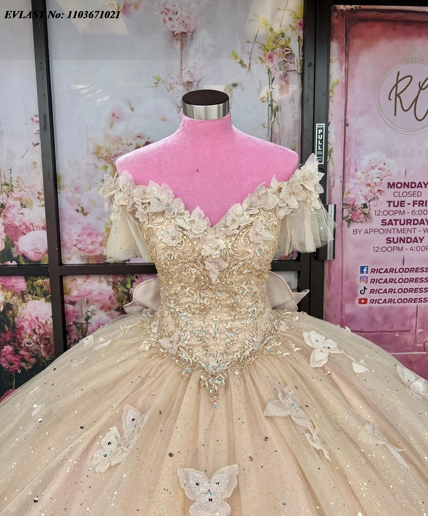 EVLAST-vestido De Quinceañera De champán mexicano, vestido De baile, apliques De mariposa 3D, corsé De lazo con cuentas, dulce 16, SQ371