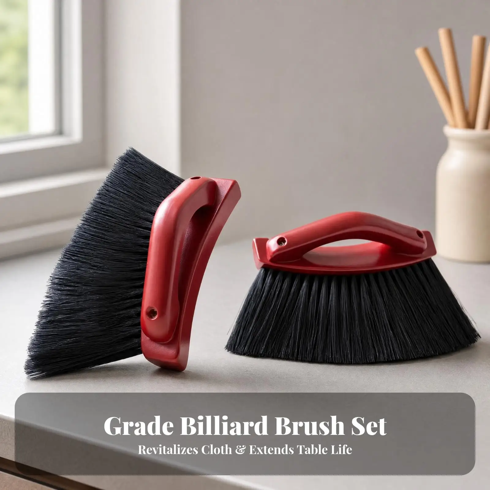 Billiard Brush for Pool Table Care Curved Burgundy PVC Body with Wood Construction and Thick Bristles for Delicate Felt Safety
