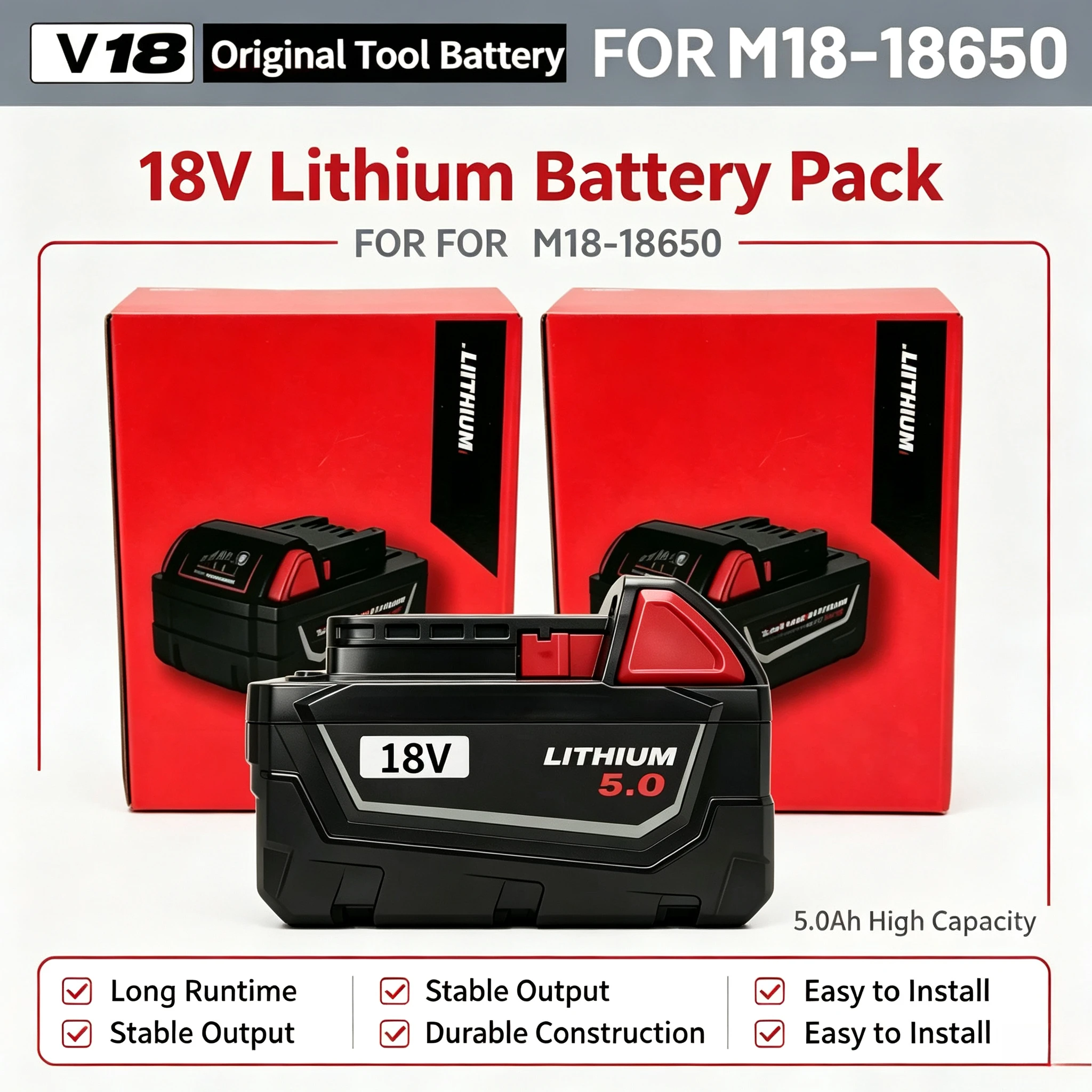 FOR Milwaukee M18 18V 18650 5.0AH/6.0Ah Cell Battery Pack,Low Self‑Discharge Rechargeable Power Cell for With M18 Cordless Tools