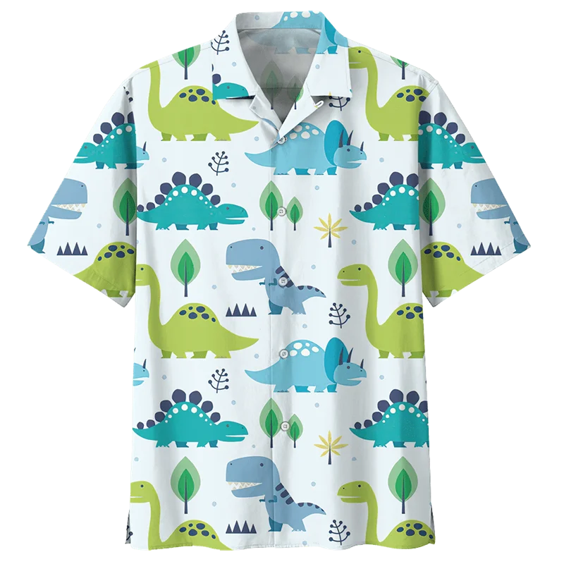 Cartoon Dinosaur Graphic Hawaiian Shirt For Men Summer Beach 3d Printed Animal Short Sleeves Tops Oversized Lapel Button Blouse