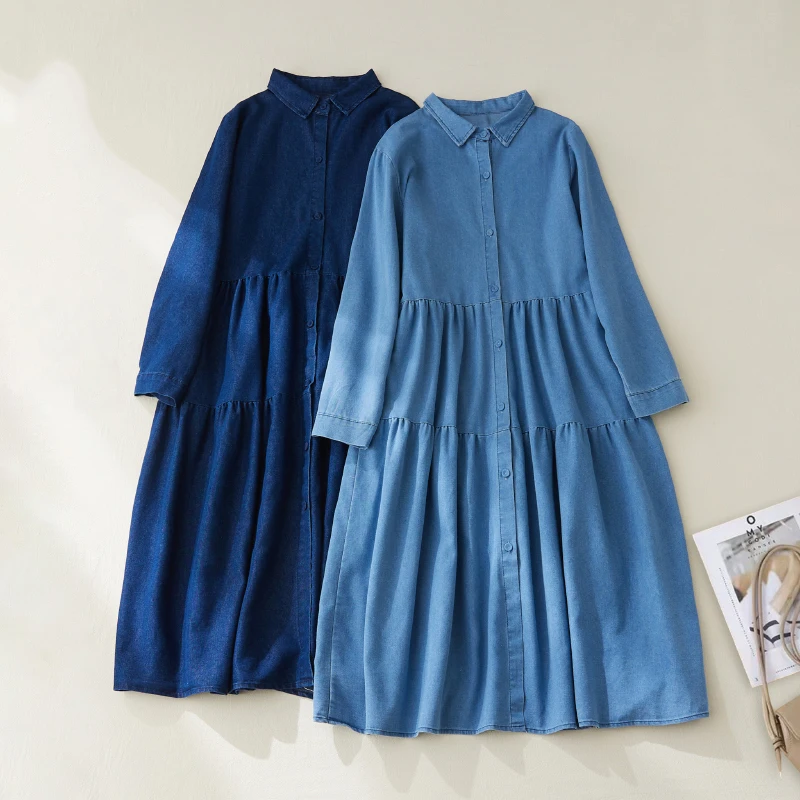 Waed Denim irt Dr Colletto Lungo Sve Sciolto A-Line Silhouette Colore puro Autunno Faion per donne dall'aspetto più giovani