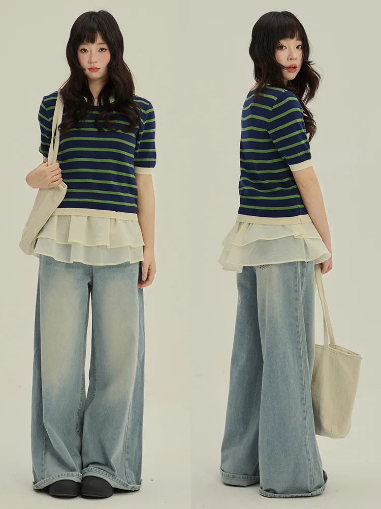 

VOUSALME Summer Women's ort Sve T-irt round Ne Slim Fit Loose Cotton Top Striped Color Blo Versatile Casual Wear