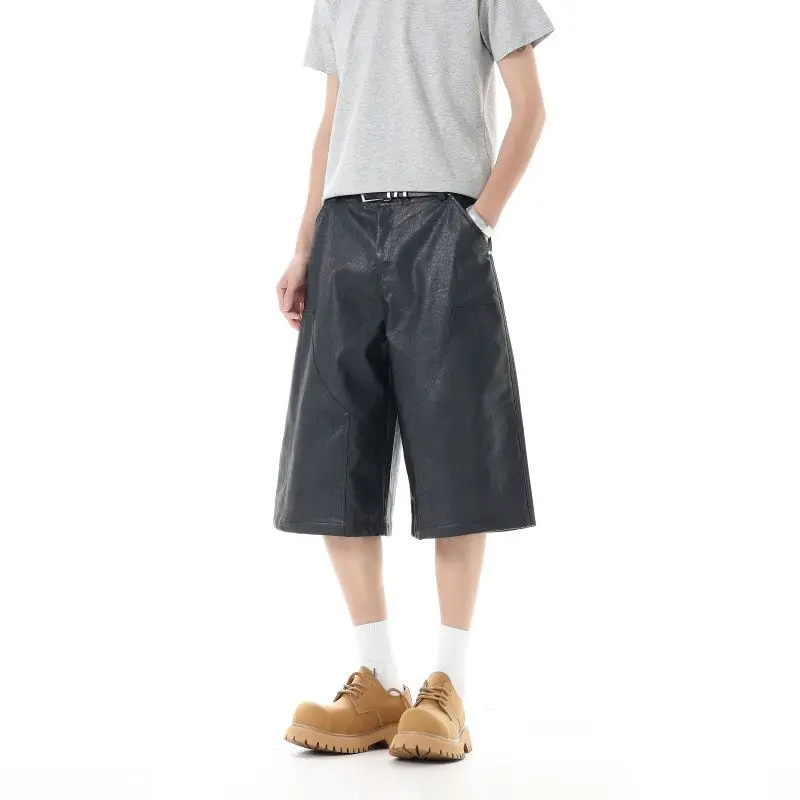 

American High Street Loose Casual Men's PU Leather Pants Spring Summer New Style Retro Versatile Slimming Five-Quarter Shorts
