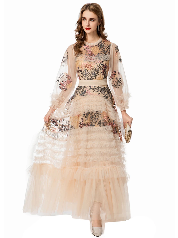 DLDENGHAN Floral Embroidery Maxi Mesh Dress For Women O-Neck Lantern Sleeve Ruffles Elegant Party Dresses Autumn Fashion Female