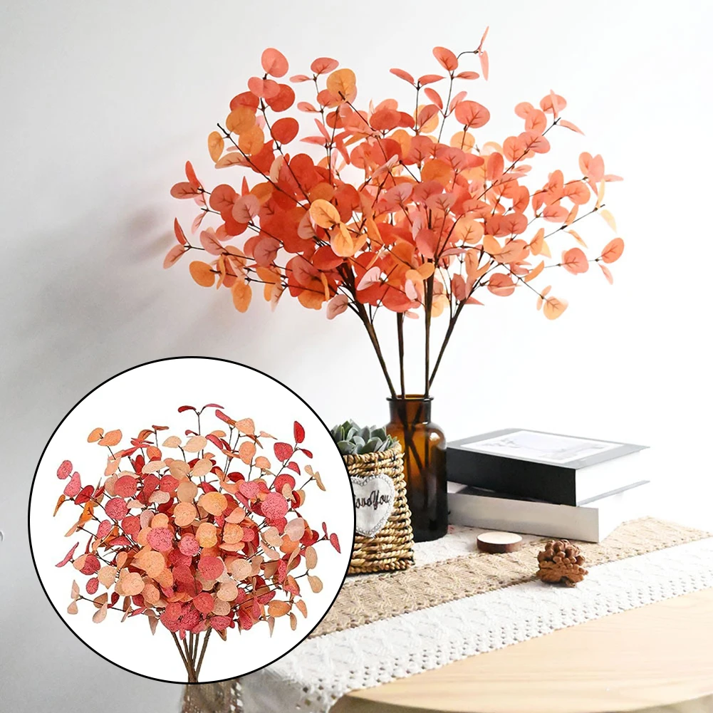 5Pcs Autumn Orange Eucalyptus Leaves Artificial Plants Bouquet ForThanksgiving Branches DIY Party Wedding Home Decortion