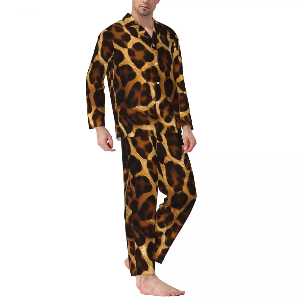 Conjunto de pijama com estampa de girafa dourada, roupa de dormir kawaii masculina de manga comprida, casual diária, 2 peças, roupa de dormir plus size 2xl