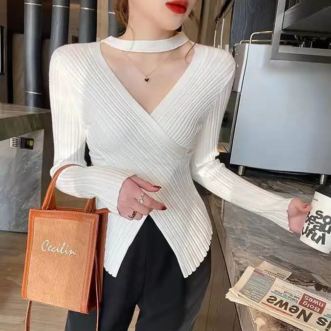 Pure Desire Wind V-neck Knitted Sweater Women's Irregular New Slim Fit Sexy Bottom Long Sleeve Waist Top