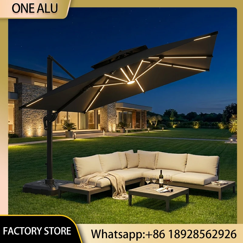 Square Offset Cantilever Patio Umbrella LED Lights Aluminum Frame UV50+ Waterproof Outdoor Sunshade Umbrella with Base