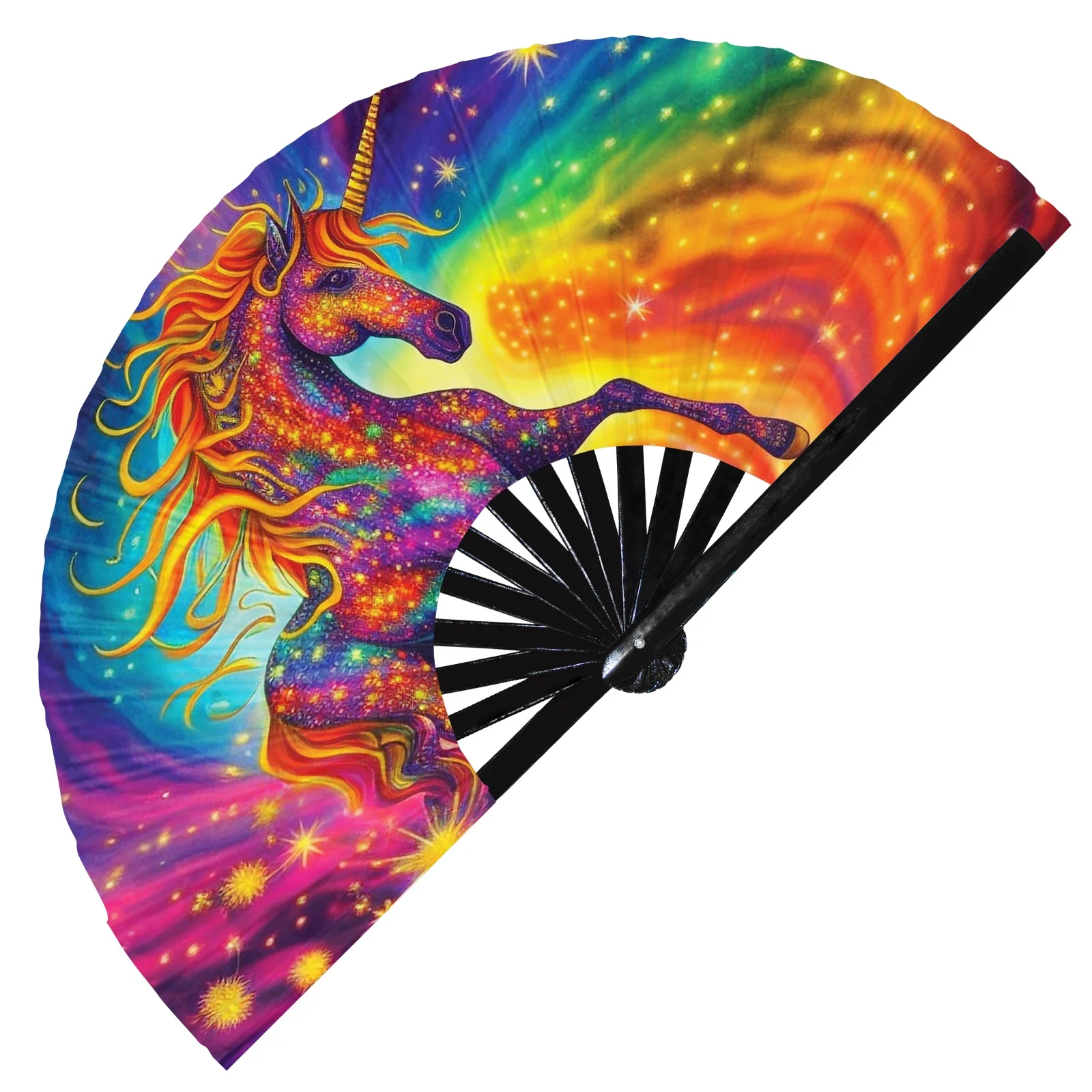 Unicorn Psychedelic Folding Hand Fan Large Rave Fans for Line Dancing Clap Fan for Party,Decoration,Festival,Kungfu,Disco,Neon