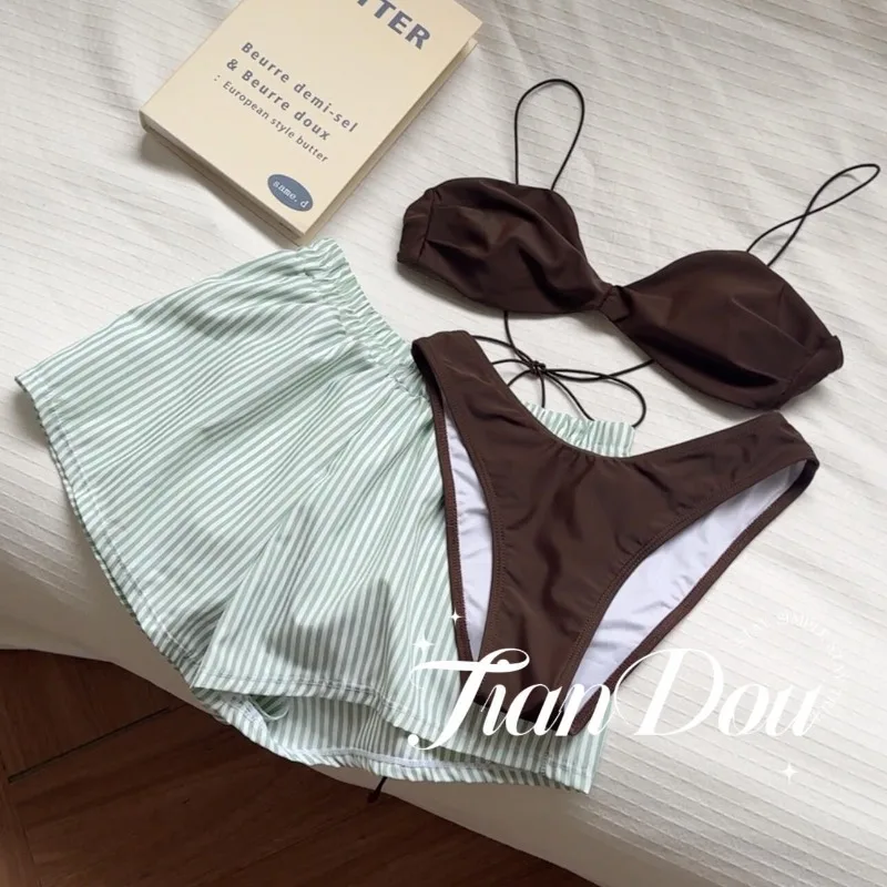 【Mint Chocolate】Fresh Island Vacation Sweet Vitality Girl Elegant Swimsuit Beach Vacation Fashion Bikini Three-Piece Summer 2025