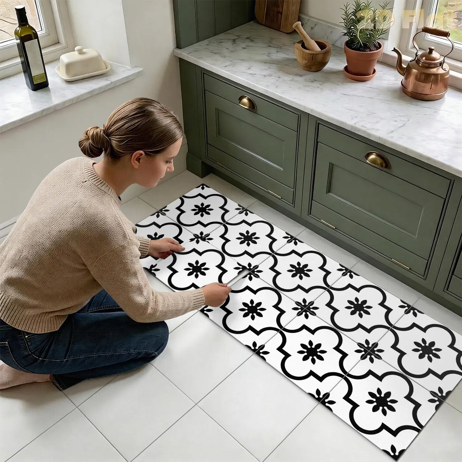 

Black White Floral Tile Floor Stickers, 20/30cm Peel And Stick Floor Tiles Waterproof,Vinyl Stickers For Kitchen Bathroom Decor