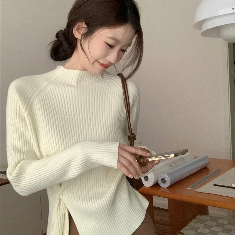 

Autumn New Sweaters Women 2023 Korean Solid Color Mock Neck Knitted Sweater Female Versatile Long-sleeved Slit Tops